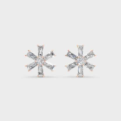 Top-down view displaying the Brilliant Sparkle of 2.16ct Baguette and Round Diamond Studs in 9K Rose Gold.