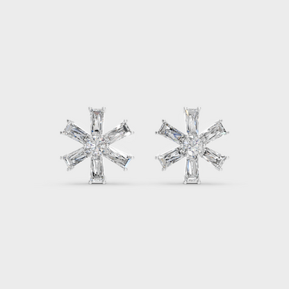 On-ear perspective highlighting the icy Brilliant Sparkle of 2.16ct White Gold Baguette Round Diamond Studs.