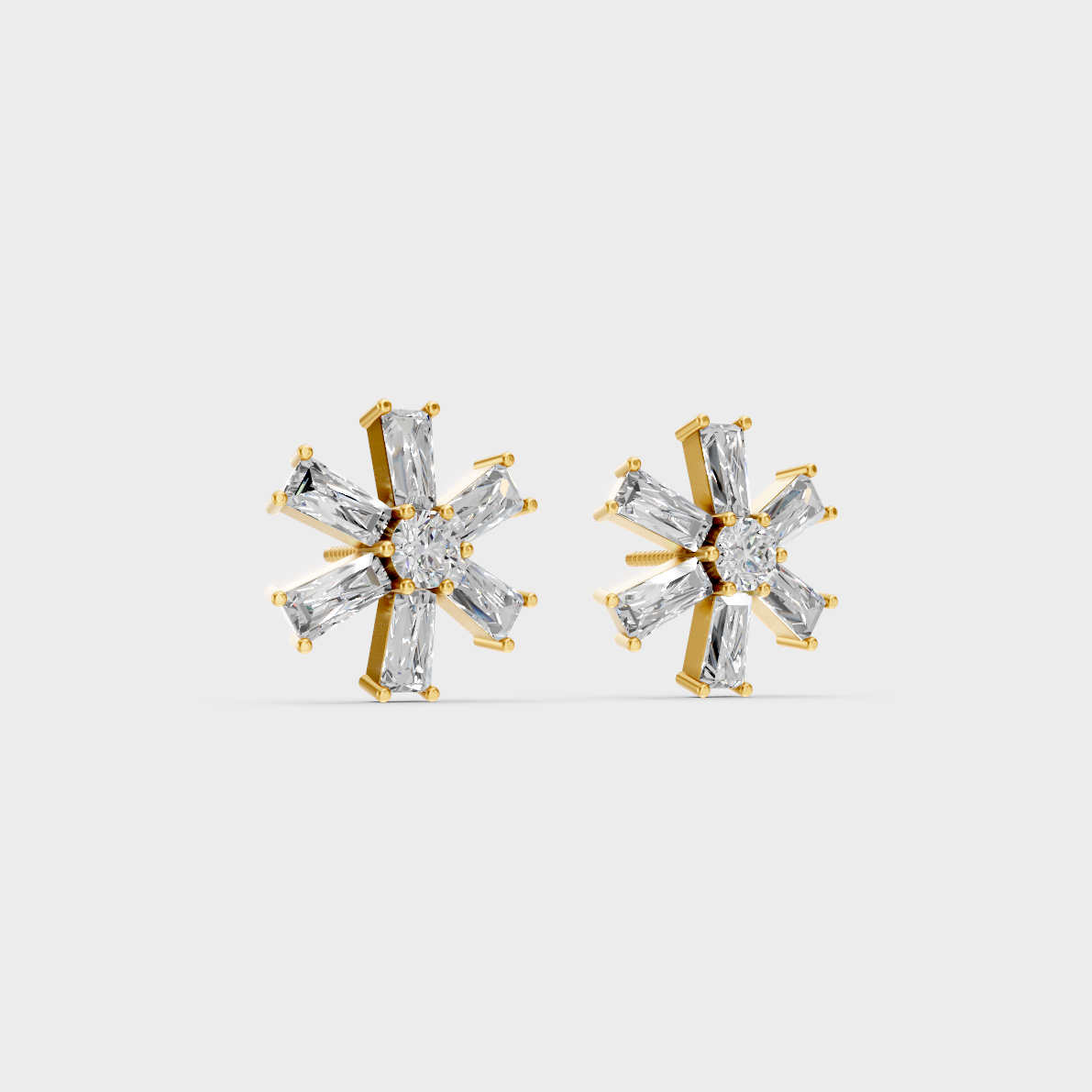Macro studio lighting catching the fire of Sustainable Mixed Cut Lab Diamond Stud Earrings in 18K Yellow Gold.