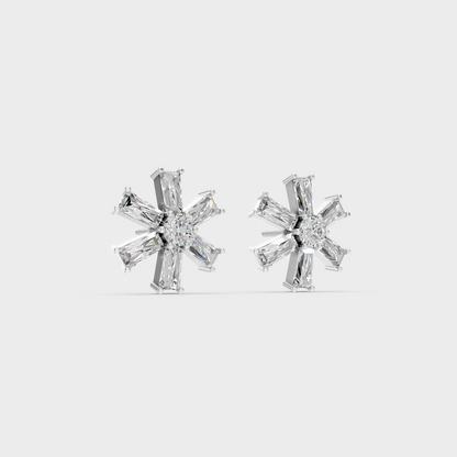 Precise prong placement securing brilliant stones on 950 Platinum Baguette and Round Lab Diamond Stud Earrings.