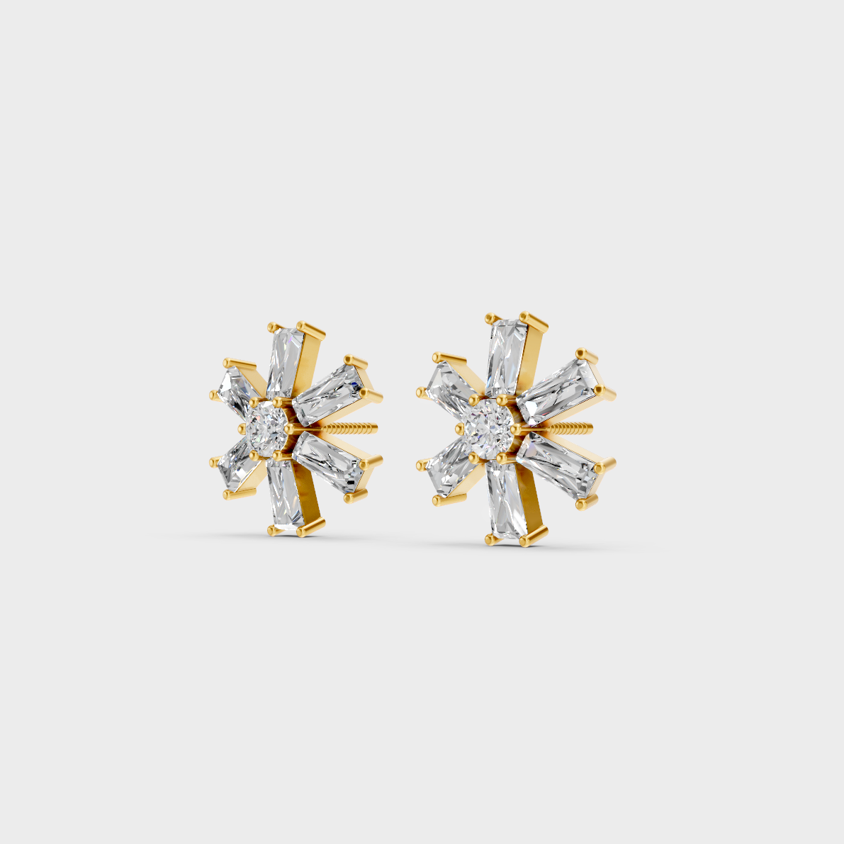 Side angle showing the secure backing and Brilliant Sparkle of Ethical Luxury Baguette and Round Studs in 18K Yellow Gold.