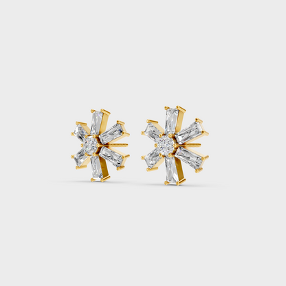 Side angle showing the secure backing and Brilliant Sparkle of Ethical Luxury Baguette and Round Studs in 18K Yellow Gold.