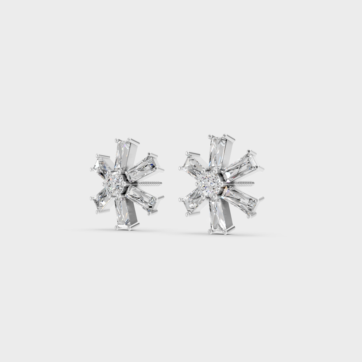Frontal view of Ethical Luxury Studs featuring Baguette and Round Cut Lab Diamonds set in 14K White Gold.