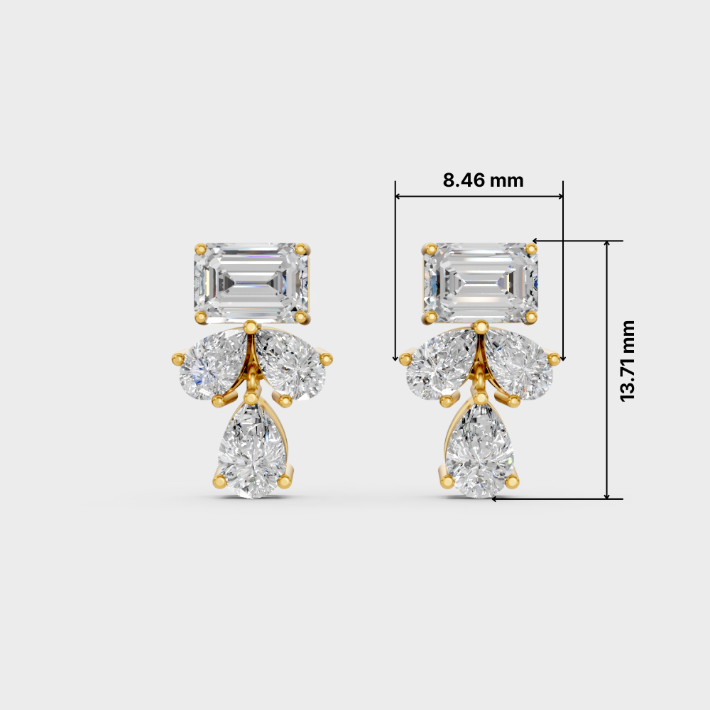 A pair of gold and diamond stud earrings shown on a light gray background with dimension lines indicating 8.46 mm width, 13.