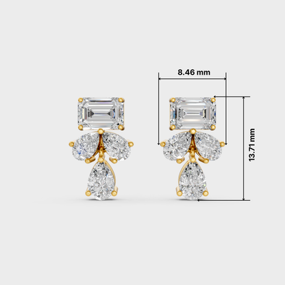 A pair of gold and diamond stud earrings shown on a light gray background with dimension lines indicating 8.46 mm width, 13.
