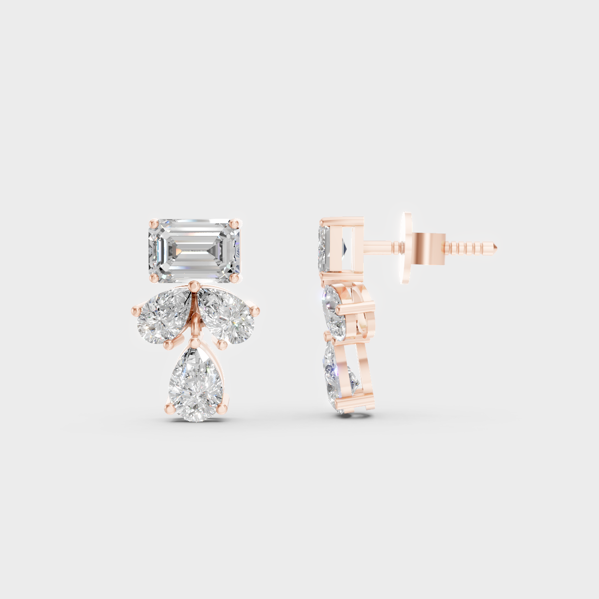 Romantic profile of 2.06 Carat Emerald and Pear Cut Lab-Grown Diamond Stud Earrings in blush 14K Rose Gold.