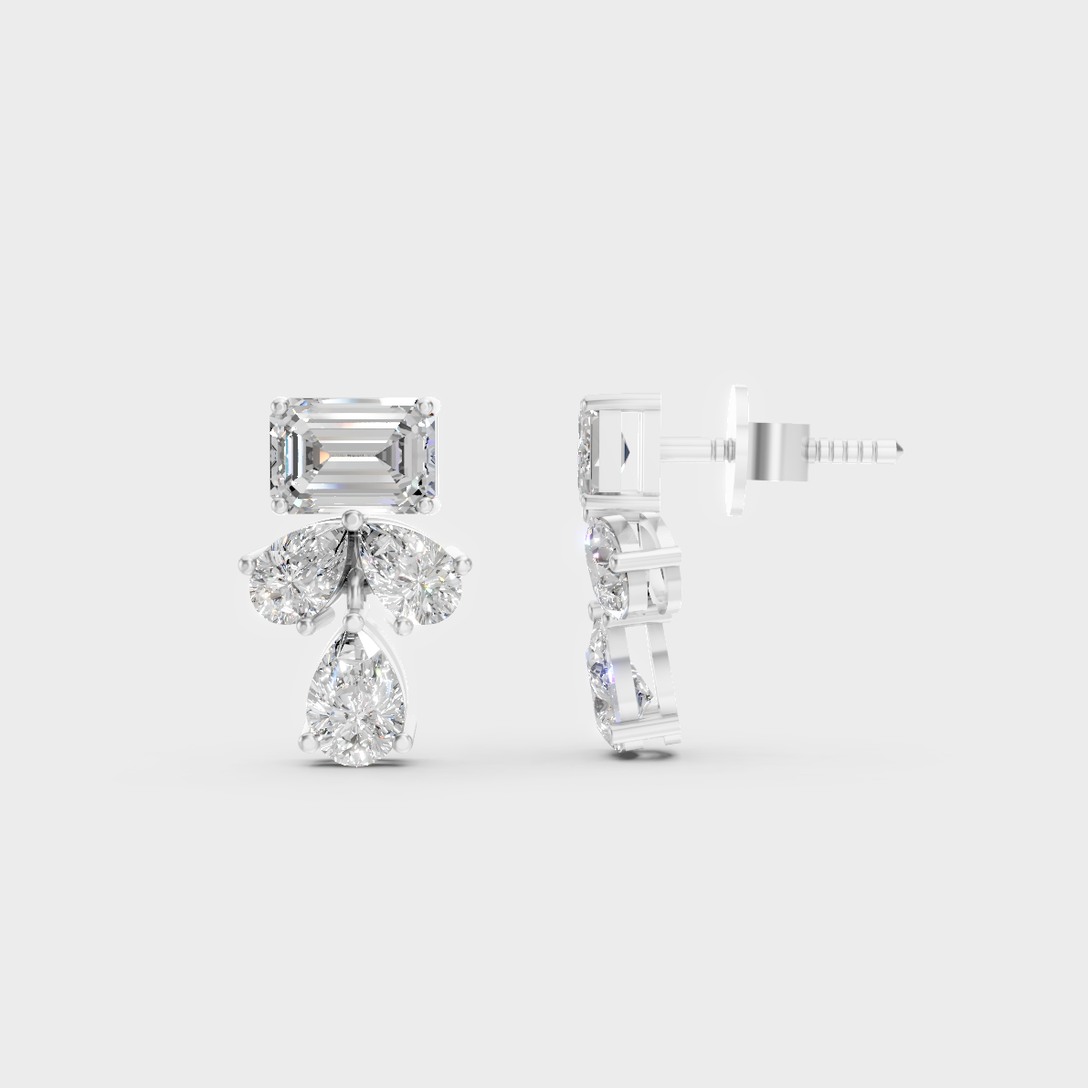 Breathtaking shine of 2.06 Carat Emerald and Pear Cut Lab-Grown Diamond Stud Earrings in solid 950 Platinum.