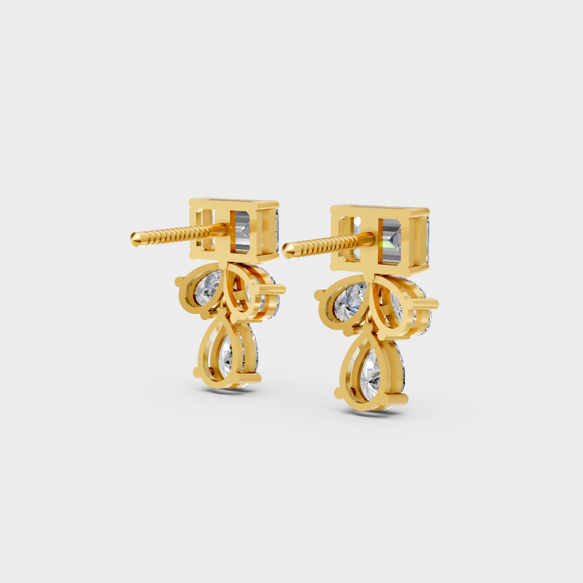 High-polish 14K Yellow Gold Setting supporting elegant Emerald and Pear Cut Lab-Grown Diamond Studs.