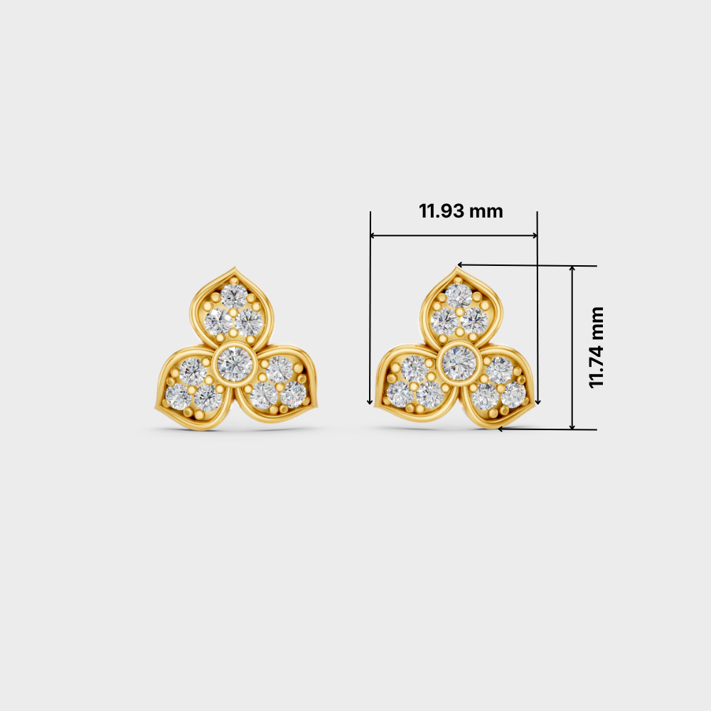A pair of gold floral stud earrings with clear gemstones, shown on a light gray background with dimension lines indicating 11.93 mm width and 11.