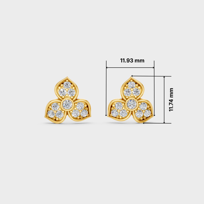 A pair of gold floral stud earrings with clear gemstones, shown on a light gray background with dimension lines indicating 11.93 mm width and 11.