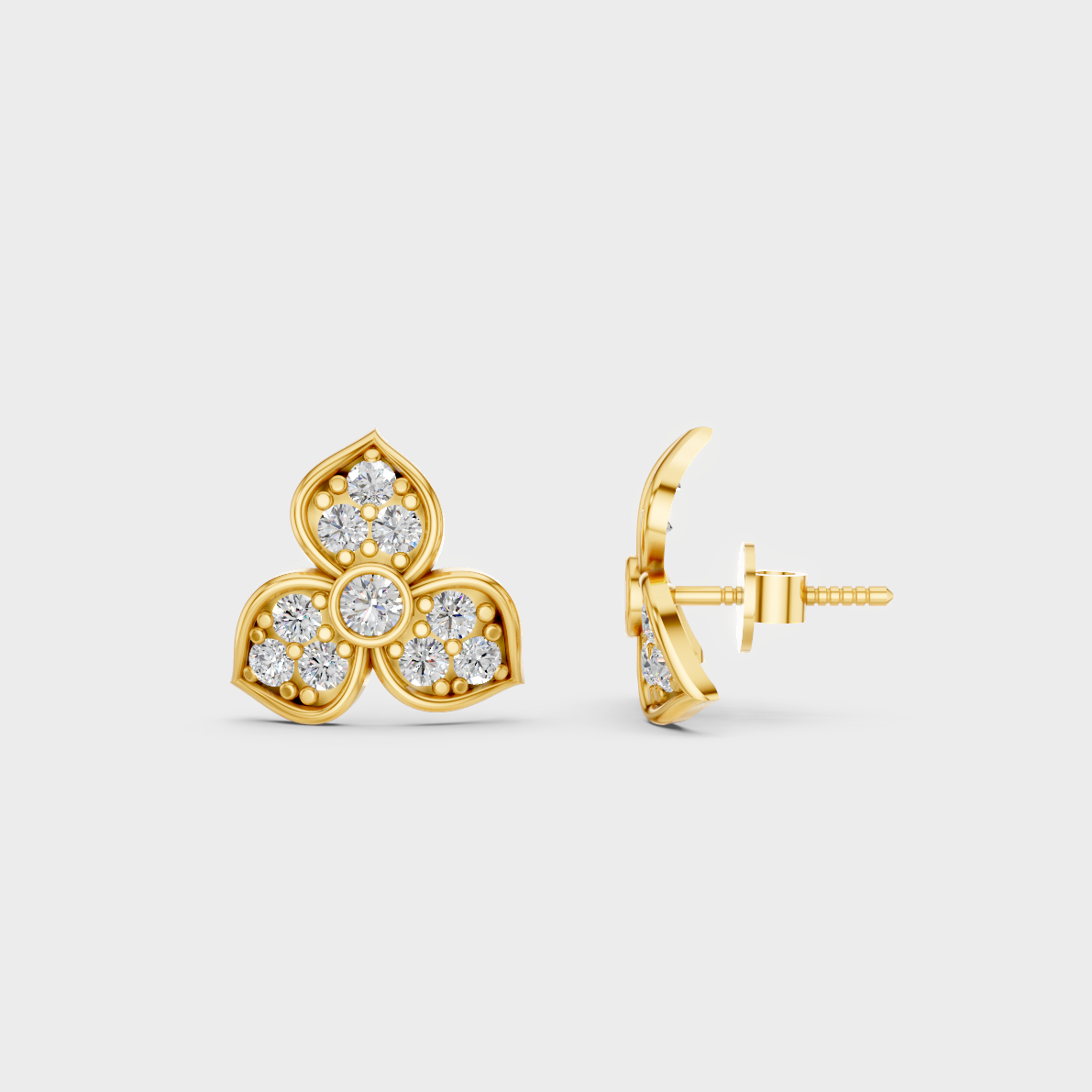 Close-up shot of 0.66 Carat Round Cut Lab-Grown Diamond Stud Earrings set in warm 14K Yellow Gold.