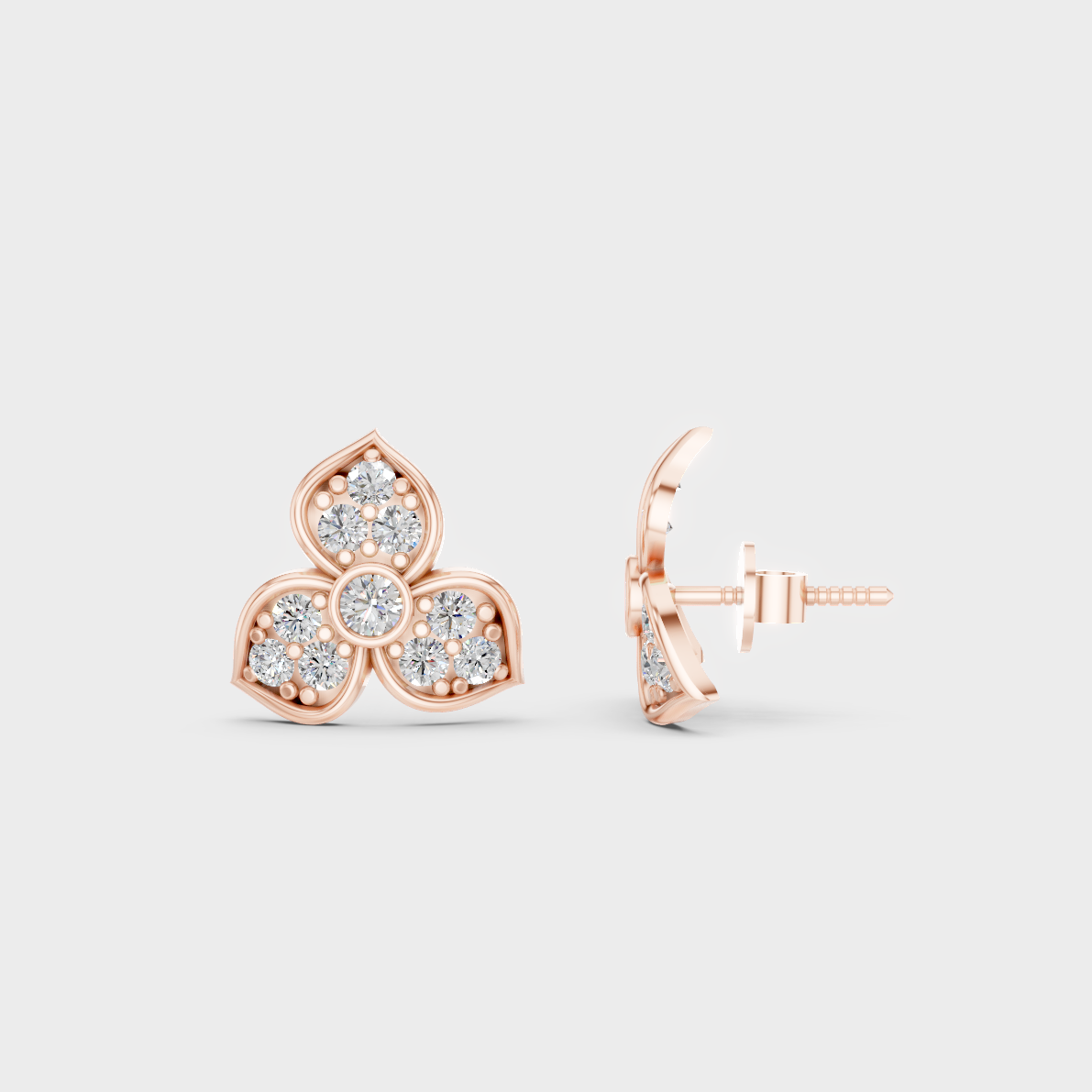 Romantic profile of 0.66 Carat Round Cut Lab-Grown Diamond Stud Earrings in blush 14K Rose Gold.