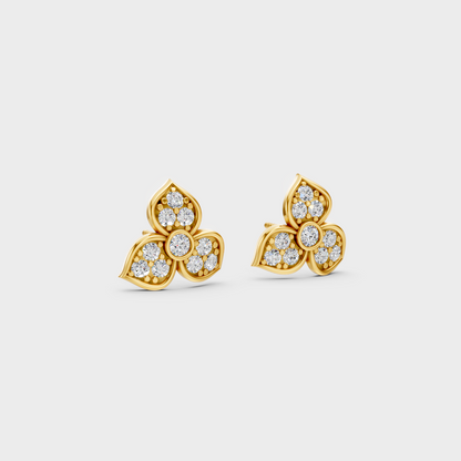 Macro studio lighting catching the fire of Sustainable Round Lab Diamond Stud Earrings in 18K Yellow Gold.