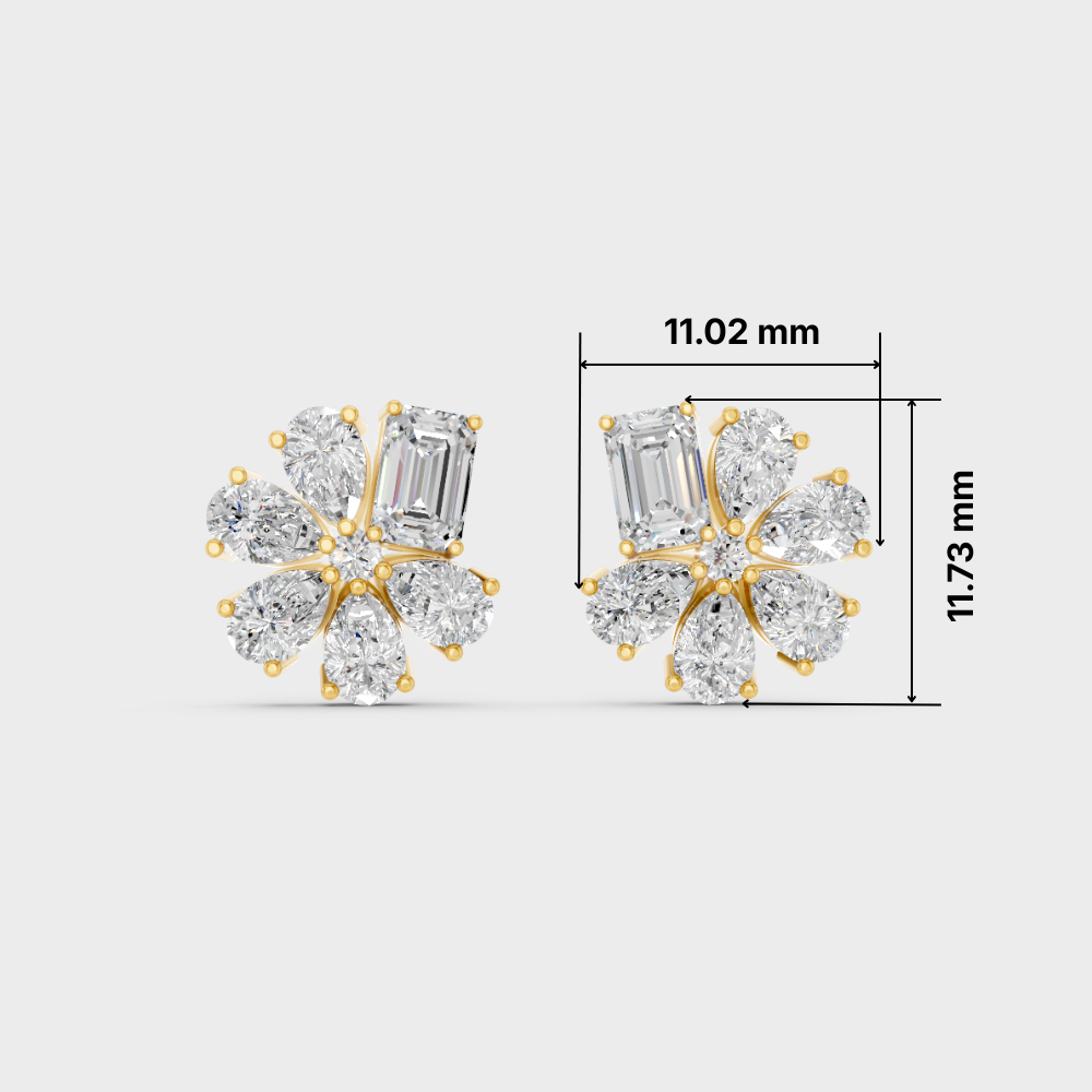 A pair of gold flower-shaped stud earrings with clear Emerald and round-cut stones, shown on a light gray background with dimension lines and measurements of 11.02 mm and 11.