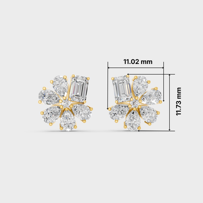A pair of gold flower-shaped stud earrings with clear Emerald and round-cut stones, shown on a light gray background with dimension lines and measurements of 11.02 mm and 11.