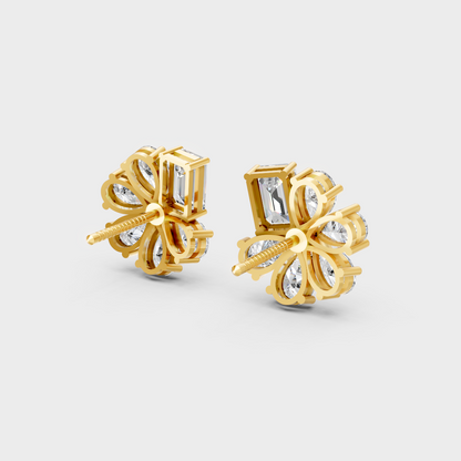 High-polish 14K Yellow Gold Setting supporting elegant Emerald and Pear Cut Lab-Grown Diamond Studs.