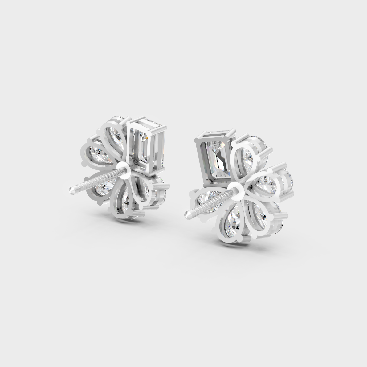 Contemporary style display of 2.46 Carat Sustainable Diamond Stud Earrings in radiant 18K White Gold.