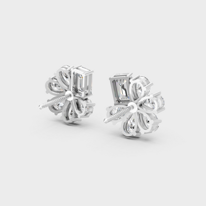 Contemporary style display of 2.46 Carat Sustainable Diamond Stud Earrings in radiant 18K White Gold.