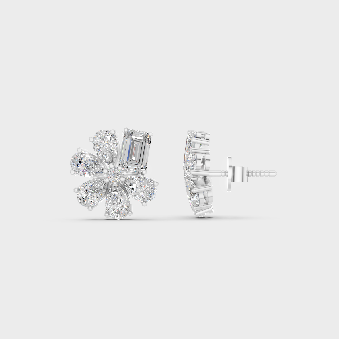 Breathtaking shine of 2.46 Carat Emerald and Pear Cut Lab-Grown Diamond Stud Earrings in solid 950 Platinum.