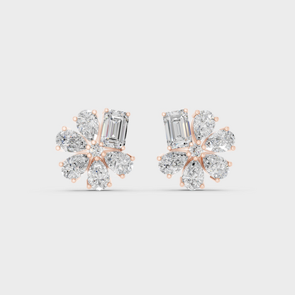 Top-down view displaying the Brilliant Sparkle of 2.46ct Emerald and Pear Diamond Studs in 9K Rose Gold.