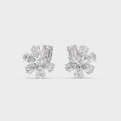 On-ear perspective highlighting the icy Brilliant Sparkle of 2.46ct White Gold Emerald Pear Diamond Studs.