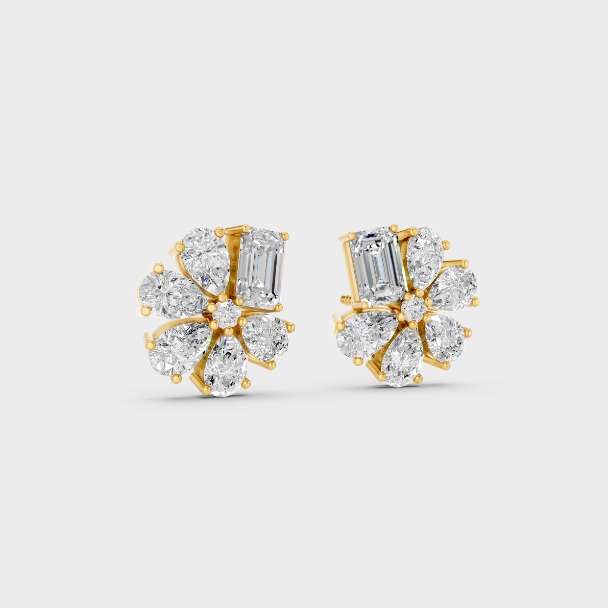 Macro studio lighting catching the fire of Sustainable Mixed Cut Lab Diamond Stud Earrings in 18K Yellow Gold.