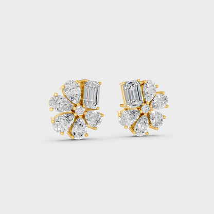 Macro studio lighting catching the fire of Sustainable Mixed Cut Lab Diamond Stud Earrings in 18K Yellow Gold.