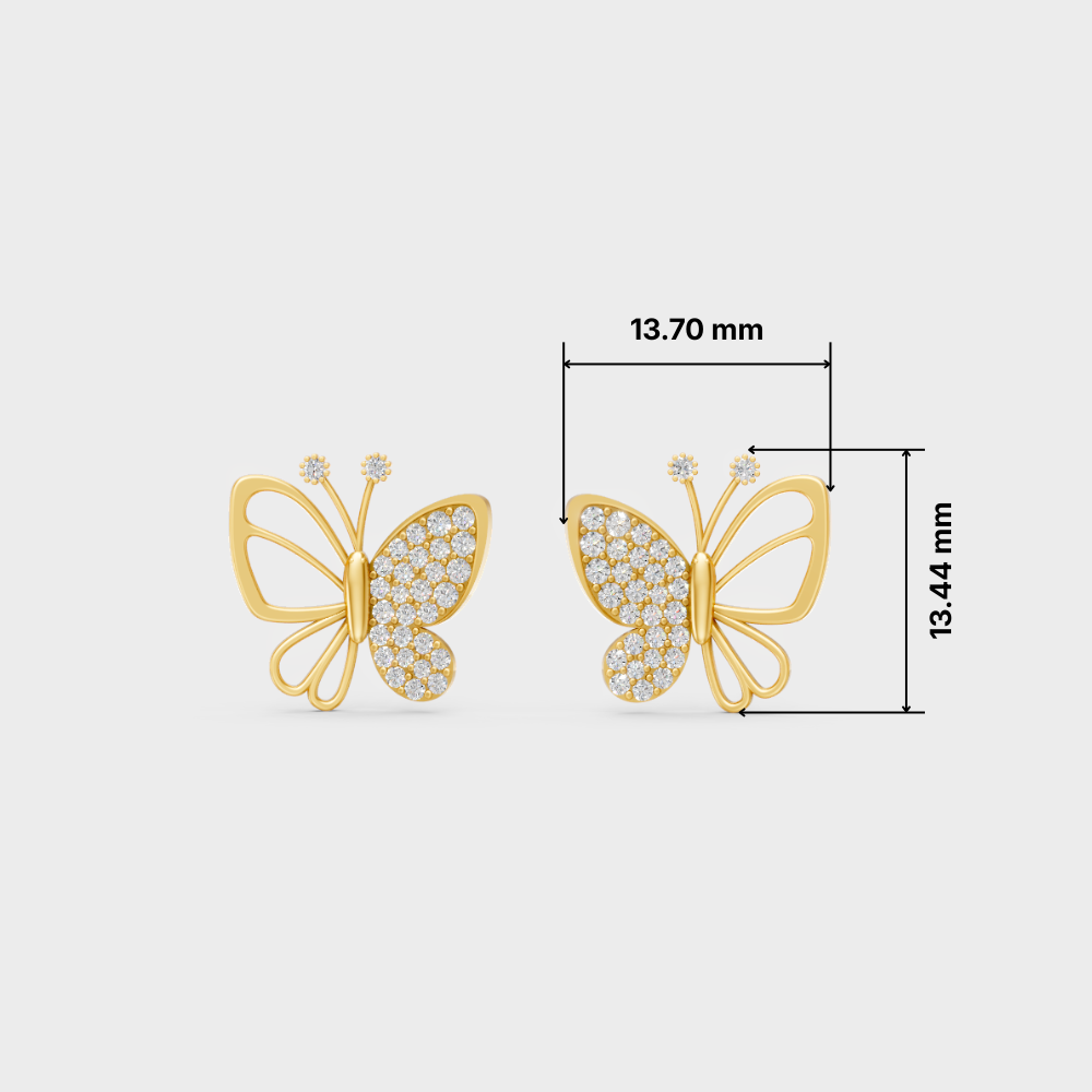 Gold butterfly stud earrings with pavé-set clear stones, shown on a light gray background with dimension lines and measurements of 13.70 mm width and 13.