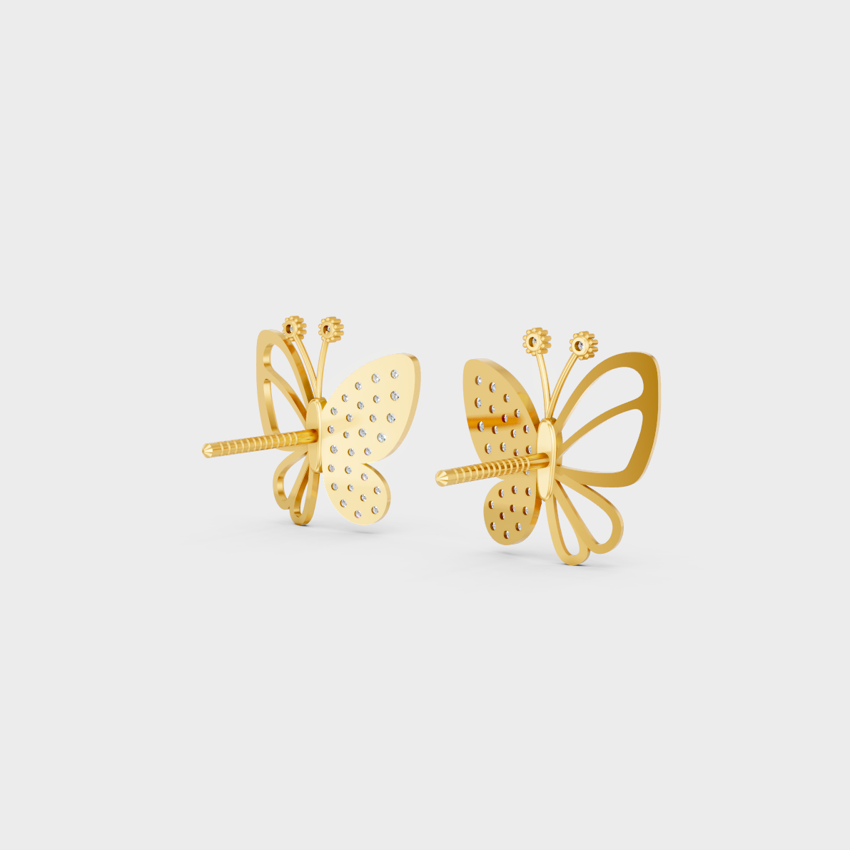 High-polish 14K Yellow Gold Setting supporting delicate Round Cut Lab-Grown Diamond Butterfly Studs.