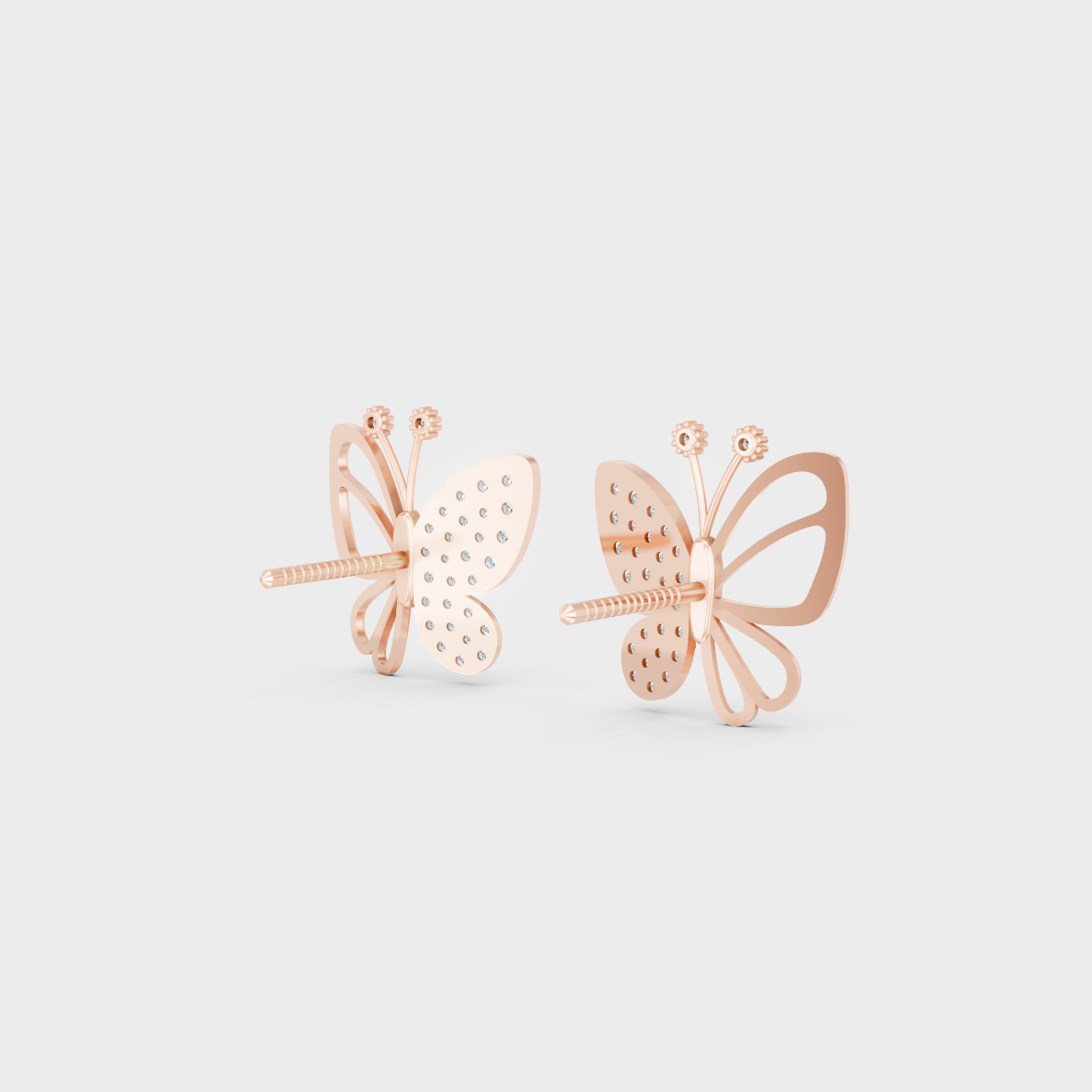 Premium jewelry box opening to reveal 0.33ct Round Lab-Grown Diamond Butterfly Studs in 14K Rose Gold.