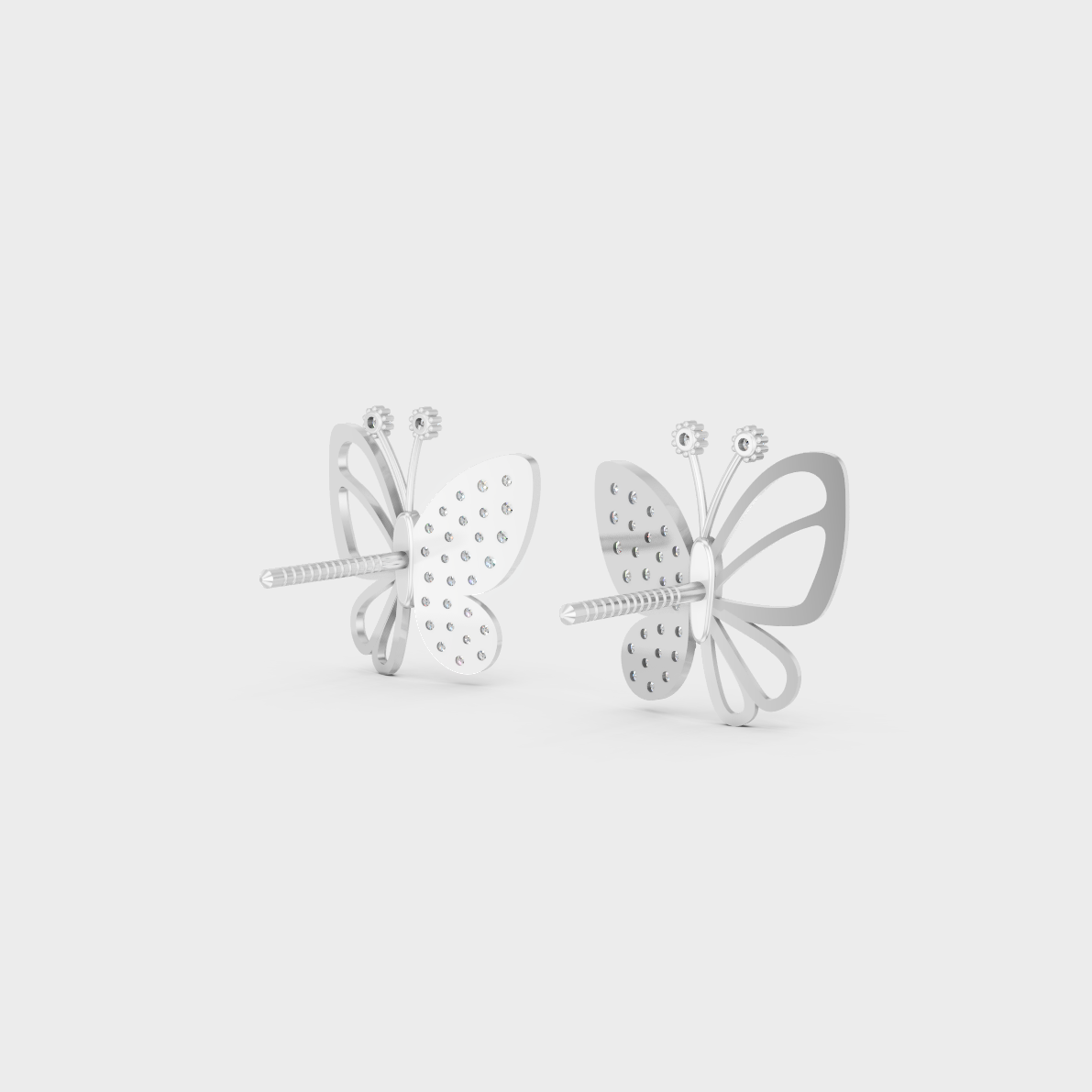 Contemporary style display of 0.33 Carat Sustainable Diamond Butterfly Stud Earrings in radiant 18K White Gold.