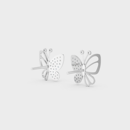 Contemporary style display of 0.33 Carat Sustainable Diamond Butterfly Stud Earrings in radiant 18K White Gold.