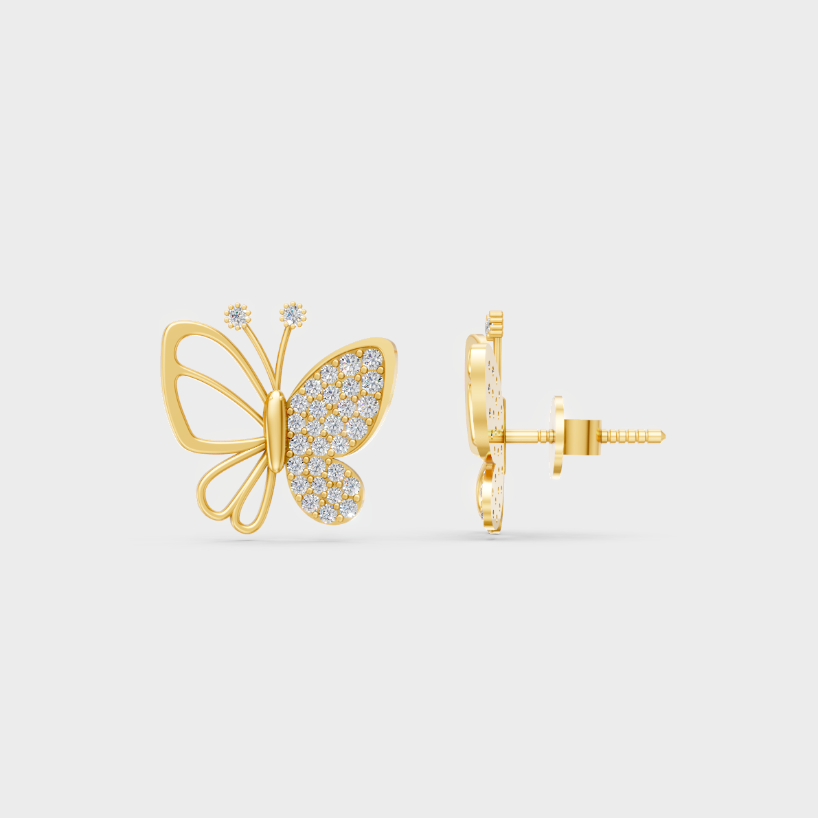 Close-up shot of 0.33 Carat Round Cut Lab-Grown Diamond Butterfly Stud Earrings set in warm 14K Yellow Gold.