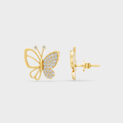 Close-up shot of 0.33 Carat Round Cut Lab-Grown Diamond Butterfly Stud Earrings set in warm 14K Yellow Gold.