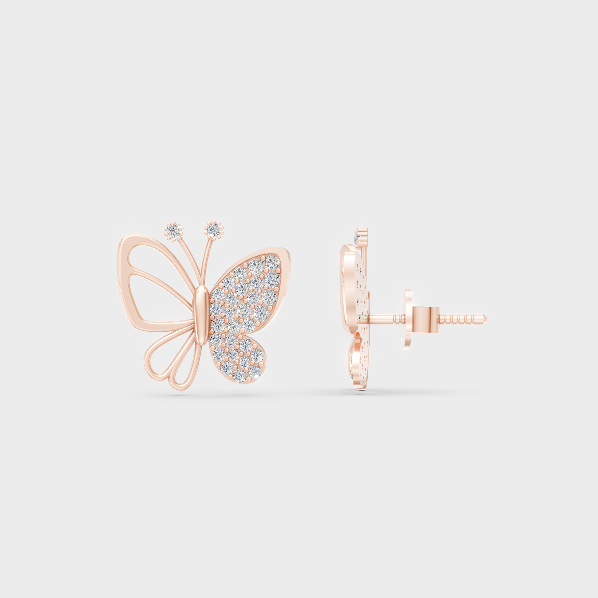 Romantic profile of 0.33 Carat Round Cut Lab-Grown Diamond Butterfly Stud Earrings in blush 14K Rose Gold.
