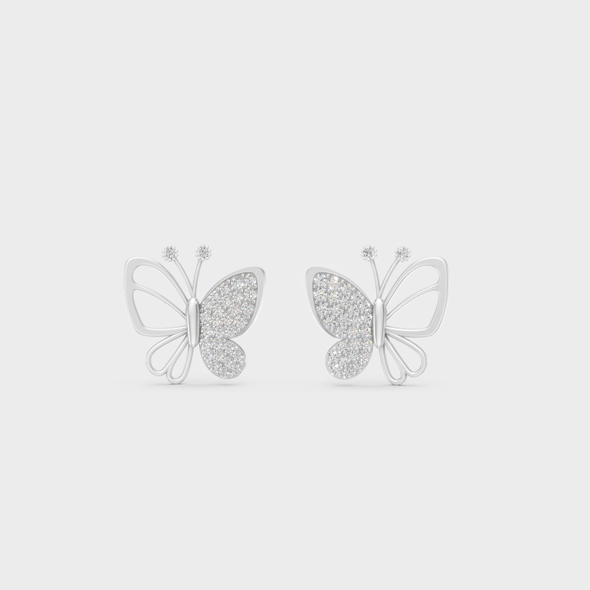 Frontal view of Ethical Luxury Butterfly Studs featuring Round Cut Lab Diamonds set in 14K White Gold.