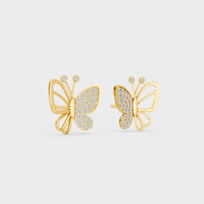 Macro studio lighting catching the fire of Sustainable Butterfly Shape Lab Diamond Stud Earrings in 18K Yellow Gold.