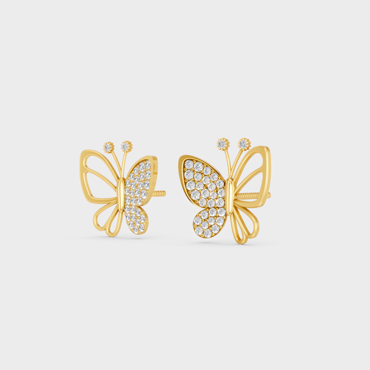Side angle showing the secure backing and Brilliant Sparkle of Ethical Luxury Butterfly Studs in 18K Yellow Gold.