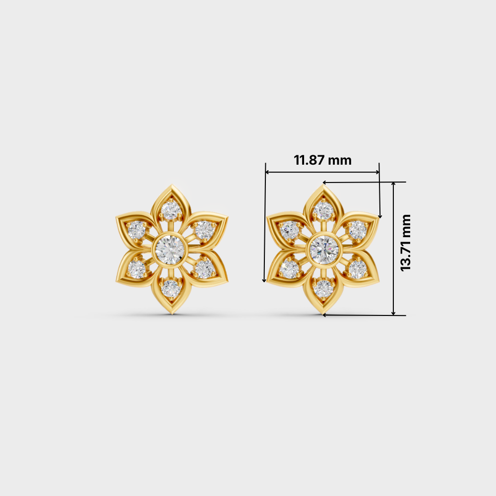 A pair of gold flower-shaped stud earrings with clear gemstones, shown on a light gray background with dimension lines indicating 11.87 mm width and 13.