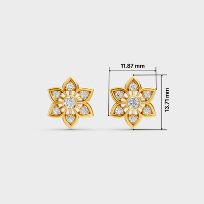 A pair of gold flower-shaped stud earrings with clear gemstones, shown on a light gray background with dimension lines indicating 11.87 mm width and 13.