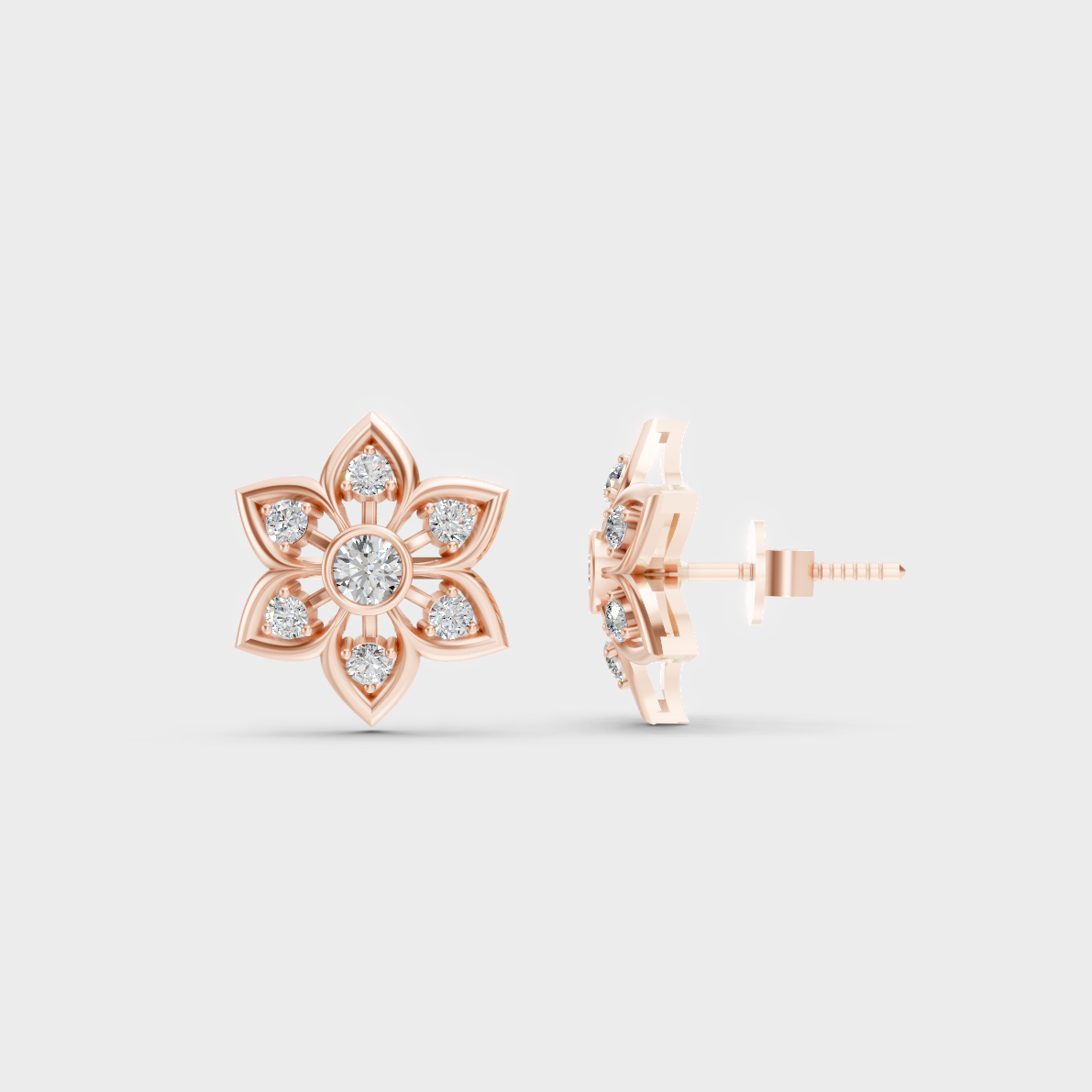 Romantic profile of 0.44 Carat Round Cut Lab-Grown Diamond Stud Earrings in blush 14K Rose Gold.