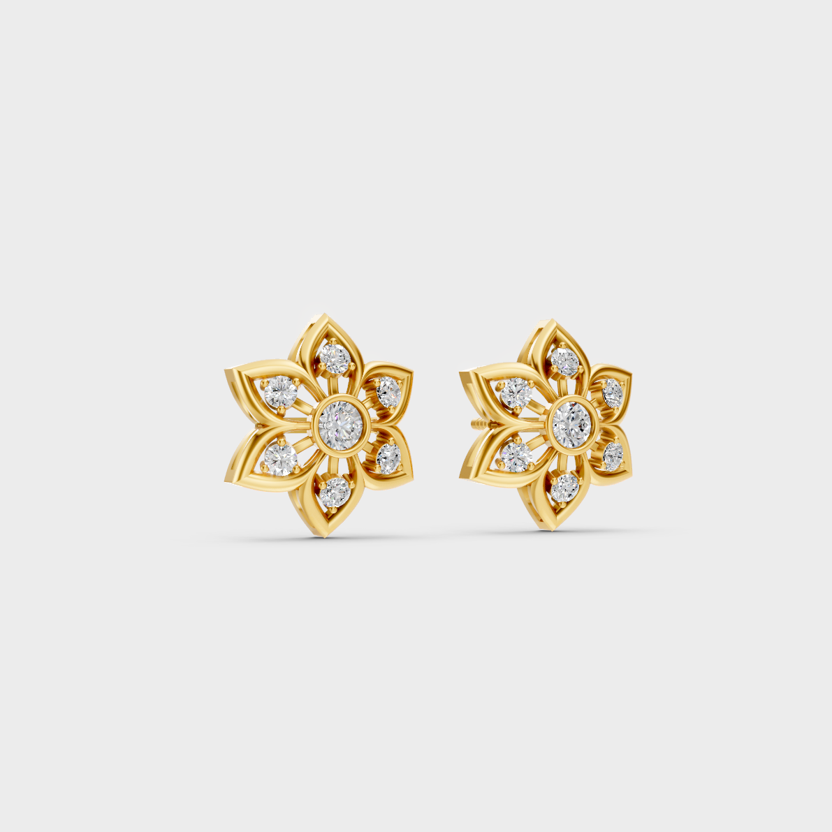 Macro studio lighting catching the fire of Sustainable Round Lab Diamond Stud Earrings in 18K Yellow Gold.
