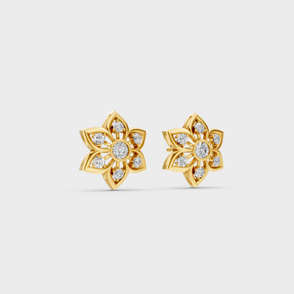 Macro studio lighting catching the fire of Sustainable Round Lab Diamond Stud Earrings in 18K Yellow Gold.