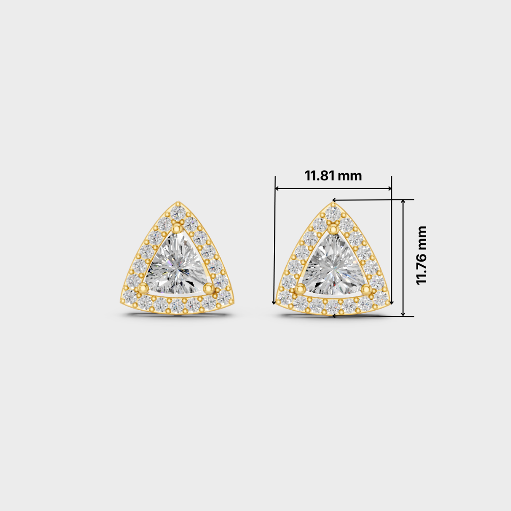 Two triangular gold stud earrings with clear gemstones, shown on a light gray background with dimension lines and measurements 11.81 mm and 11.