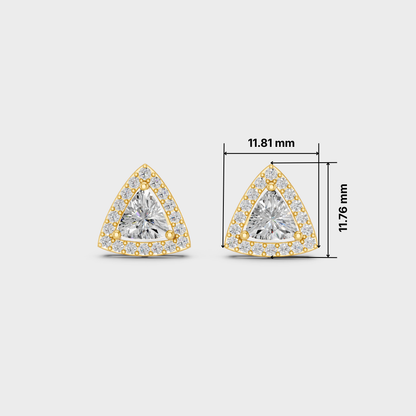 Two triangular gold stud earrings with clear gemstones, shown on a light gray background with dimension lines and measurements 11.81 mm and 11.