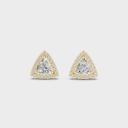 On-model ear wearing a pair of 2.05ct Trillion and Round Lab Diamond Halo Studs in classic 9K Yellow Gold.