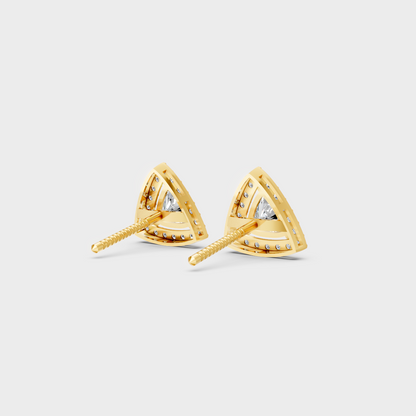 High-polish 14K Yellow Gold Setting supporting striking Trillion and Round Cut Lab-Grown Diamond Halo Studs.