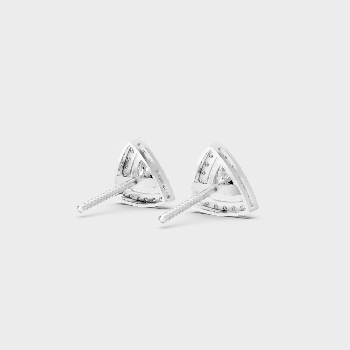 Contemporary style display of 2.05 Carat Sustainable Diamond Halo Stud Earrings in radiant 18K White Gold.