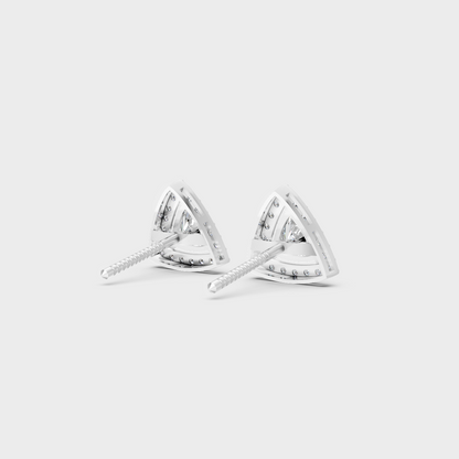 Contemporary style display of 2.05 Carat Sustainable Diamond Halo Stud Earrings in radiant 18K White Gold.