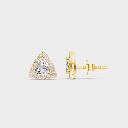 Close-up shot of 2.05 Carat Trillion and Round Cut Lab-Grown Diamond Halo Stud Earrings set in warm 14K Yellow Gold.